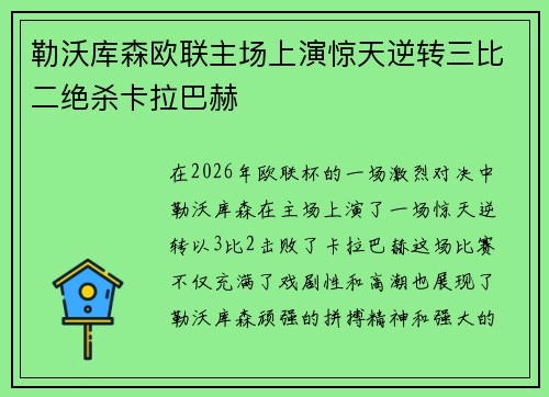 勒沃库森欧联主场上演惊天逆转三比二绝杀卡拉巴赫